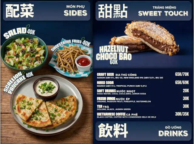 Bao Bao's menu board for sides, dessert and drinks: salad, shoestring fries and scallion pancake 40K each, Hazelnut Choco Bao 60K, craft beer 65K/70K, hard soda 65K/69K, soft drinks 20K, fresh juice 30K, tea 30K, Vietnamese coffee 30K/35K